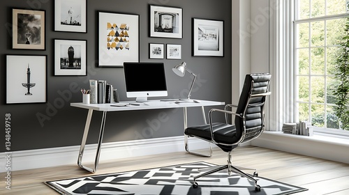 Modern workspace with framed art, white desk, and ergonomic chair