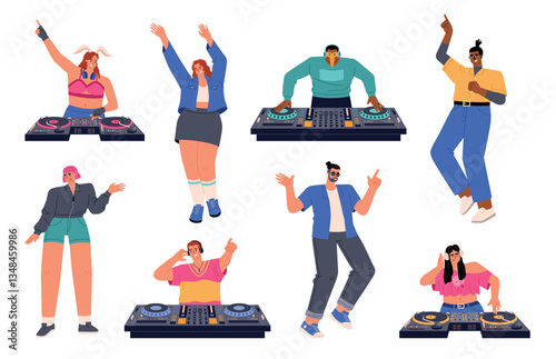Funny party people. Dj musicians, nightclub dancers characters, discotheque visitors, creative guys, girls, mixers, headphones, vector set