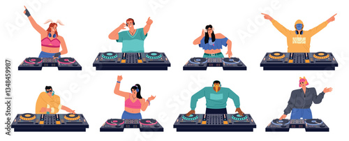 Djs characters. Party people with mixers, turntables, equalizers, nightclub music, girls and guys with headphones, discotheque, vector set