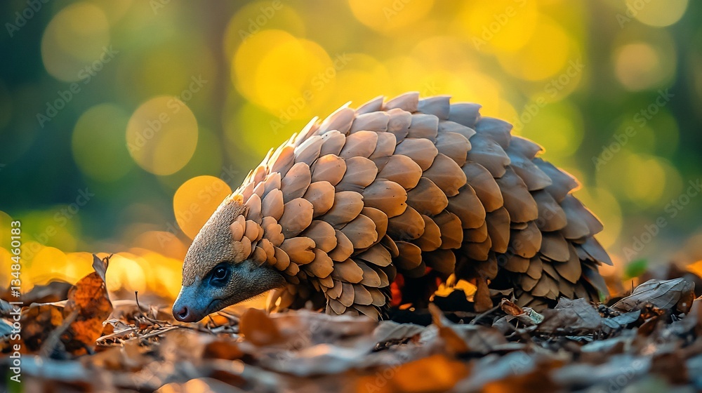 Fototapeta premium Pangolin foraging on forest floor at sunset