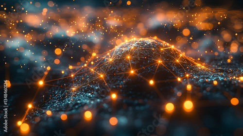 Abstract network of glowing interconnected nodes and lines. Ideal for visualizing technology, data flow, or scientific concepts. Use as a background for presentations or websites.