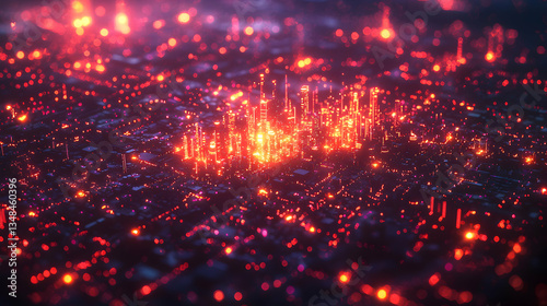 A futuristic cityscape glows with vibrant red lights at night. Ideal for cyberpunk or sci-fi projects as backgrounds or overlays.