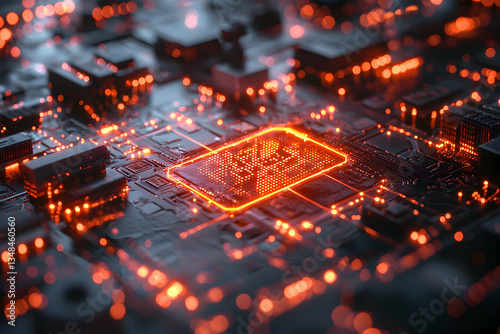 A close-up of a futuristic circuit board glowing with intense orange light. Ideal for technology presentations, websites, or sci-fi projects.