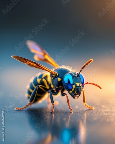 Close Up of a Tiny Wasp with Blue Eyes on Dark Surface.
