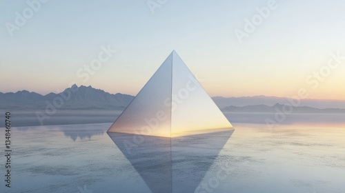 A reflective pyramid standing in water against a mountain background