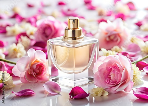 Bottle of perfume, flowers and petals on white background, closeup