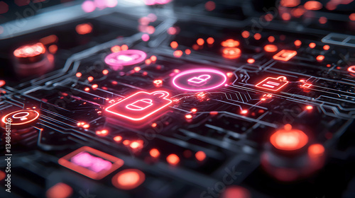 Neon pink cybersecurity icons glow on a dark circuit board. Ideal for visualizing digital security, data protection, or online privacy.