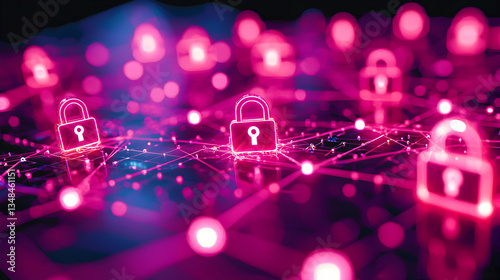 Pink and blue neon padlocks interconnected by glowing lines symbolize cybersecurity and network protection. Ideal for tech websites, presentations, or cybersecurity awareness campaigns.