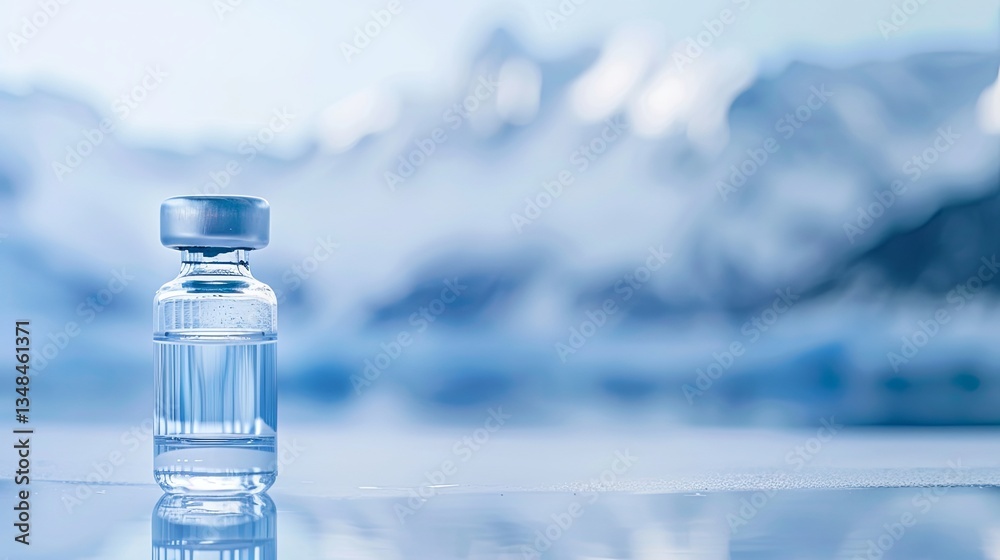A close-up of a small, clear vial containing a glowing blue liquid, placed on a sterile white surface with blurred mountain peaks in the background A close-up of a small, clear vial containing a glowing blue liquid, placed on a sterile white surface with blurred mountain peaks in the background
