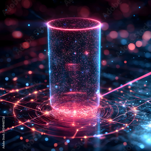 A vibrant neon cylinder emits radiant light onto a network of interconnected nodes. Ideal for showcasing futuristic technology or data visualization.