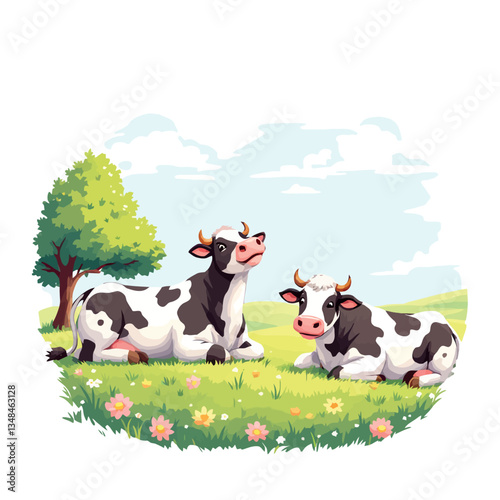 Vsai two happy cows relaxing in green meadow under blue sky