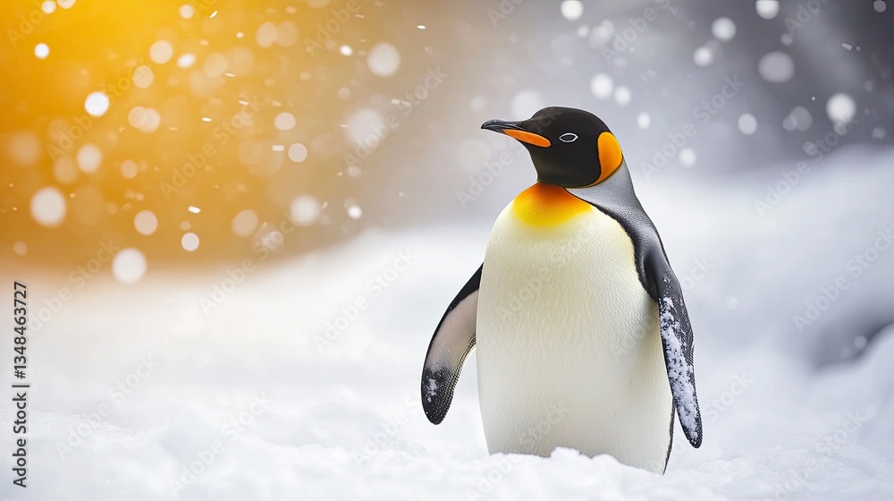 Fototapeta premium King Penguin Standing in Snowfall with Soft Golden Light Background