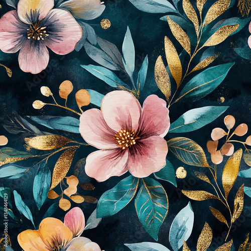 Watercolor dark teal, light pink, and gold floral pattern with leaves on a black background, with golden glitter details