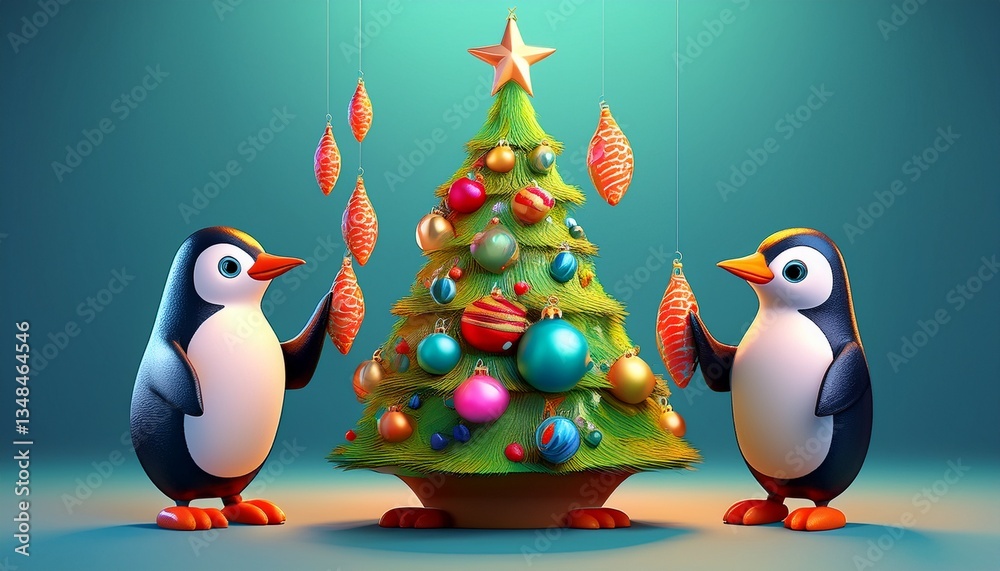 Obraz premium a playful group of penguins decorating a Christmas tree. Fun, festive winter scene full of joy, ornaments, and holiday magic in a snowy setting.