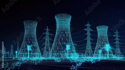 Futuristic Low Poly Nuclear Power Plant Emitting Blue Glowing Energy Waves Against Dark Background, Modern Technology Theme with Cyan Shades, Electrical Lines and Towers