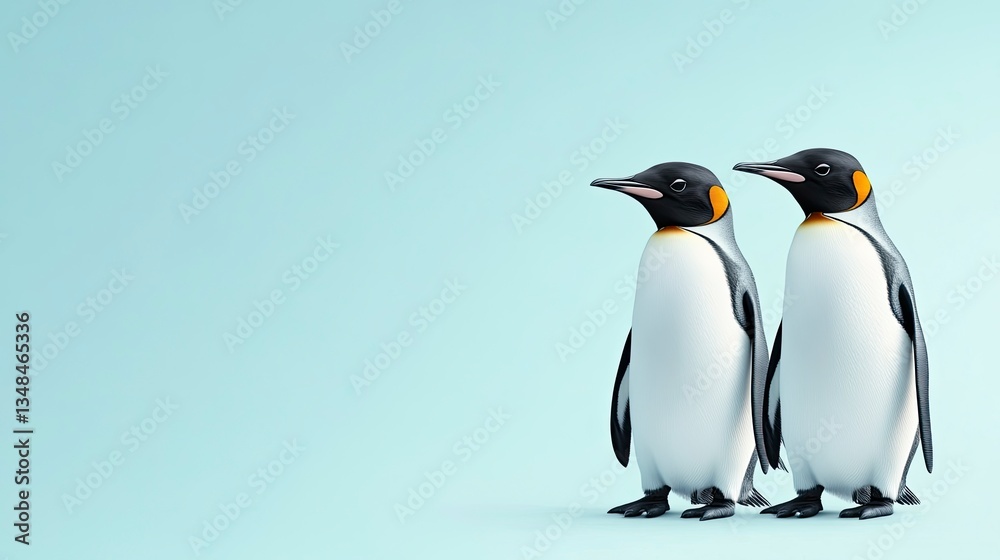 Naklejka premium Two Emperor Penguins Standing Against a Light Blue Studio Backdrop