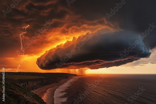 A storm cloud is over the ocean and the sun is setting.