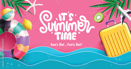 Summer time background clipart banner design. Summertime greeting text in pink background with blue paper cut, inflatable ring and luggage bag elements clip