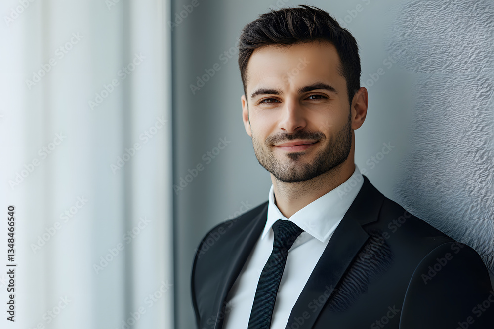 Portrait of a handsome businessman smiling, wearing a black suit and white shirt, standing in an office. Portrait of a handsome businessman smiling, wearing a black suit and white shirt, standing in an office.