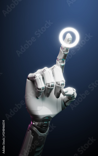 A robotic finger pointing with glowing light at the tip, representing AI interaction, touch technology, or virtual control interface. 3D Render