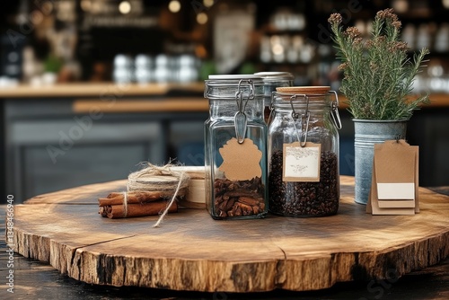 Wallpaper Mural Rustic coffee display on wooden slab Torontodigital.ca