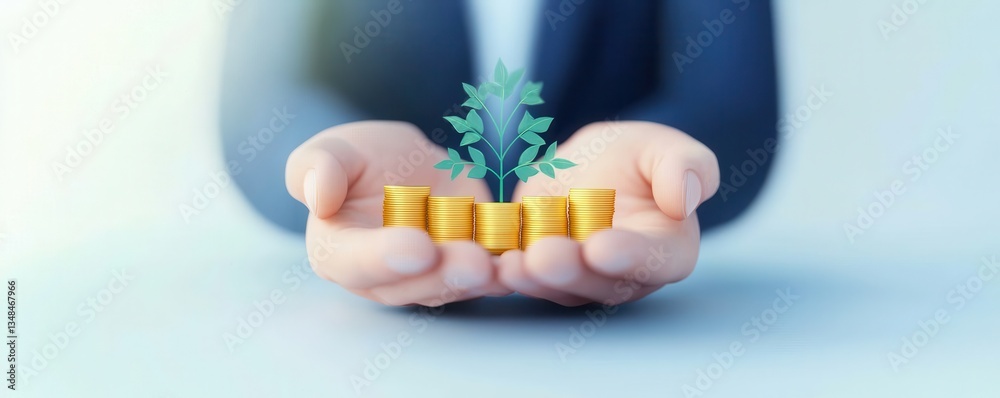 Obraz premium Hands Holding Money Coins with Growing Plant Symbolizing Wealth