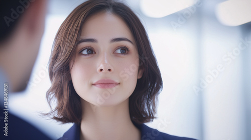 woman with short brown hair and thoughtful expression looks to side in bright, modern setting. over shoulder angle adds depth to image Free Download woman with short brown hair and thoughtful expression looks to side in bright, modern setting. over shoulder angle adds depth to image - GFXLoad