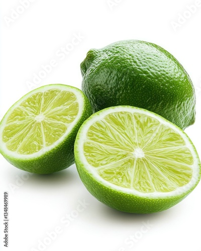 Vibrant Green Lime and Halves Showcasing Freshness and Juicy Texture isolated on white background