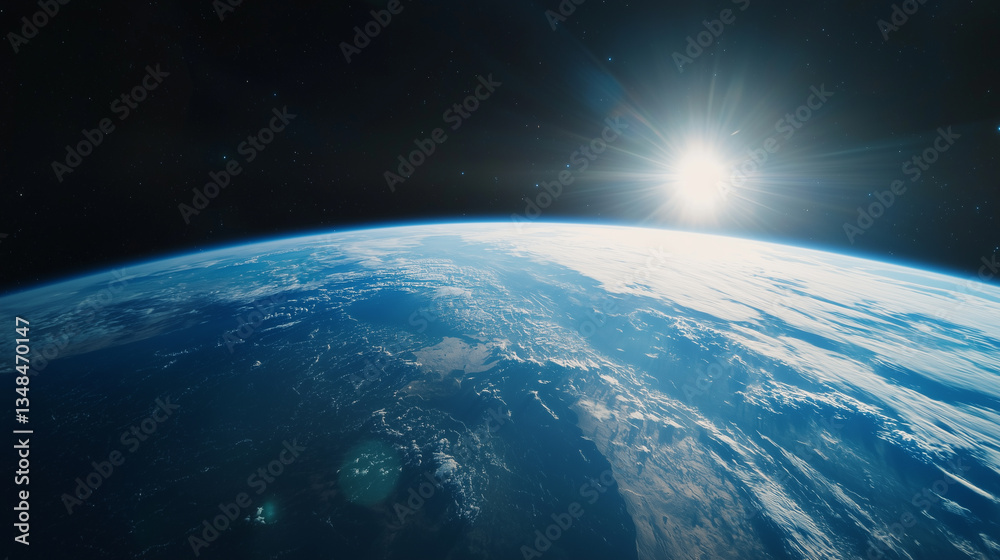 Fototapeta premium breathtaking view of Earth from space, showcasing planet curvature with radiant sun in background. image captures vastness and beauty of cosmos