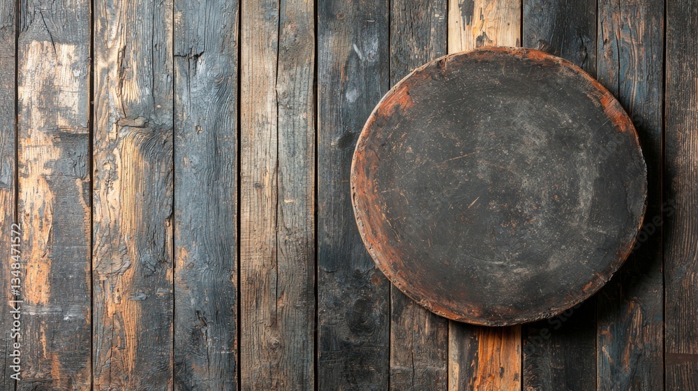 Rustic wooden plate displayed on dark timber wall photography indoor artistic perspective Rustic wooden plate displayed on dark timber wall photography indoor artistic perspective
