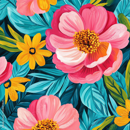 A painting of a flower garden with pink and yellow flowers