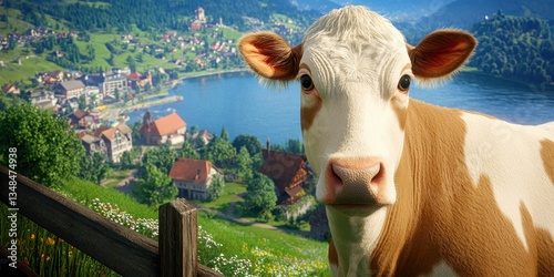 Brown and White Cow in Scenic Swiss Alps Meadow Pasture Serene Lakeside Village Panorama photo