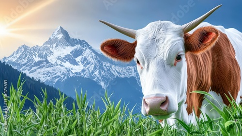 Majestic Cow Grazing in Alpine Pasture  Sunlit Mountain Peaks