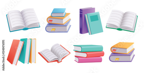 Books drawing clipart 3d set. School textbook colorful elements clip art in open and closed page collection of dictionary, novel, literature and story materials vector illustration. 
