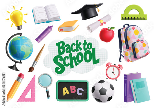 School elements clipart 3d set. Back to school text with educational supplies and items like books, ruler, bag, globe, chalkboard and notebook clip art collection vector illustration. 
