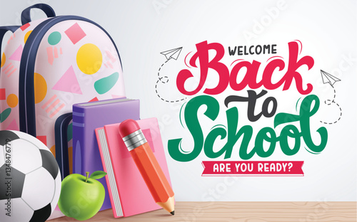 Welcome back to school clipart design. School greeting text with educational backpack, notebook, books, pencil and ball learning materials colorful clip art vector illustration.
