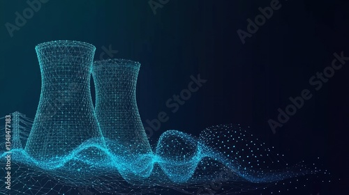 Futuristic Low Poly Illustration of Nuclear Power Plant Emitting Blue Glowing Energy Waves Against Dark Background, Modern Technology Theme with Cyan Shades, Electrical Towers and Lines