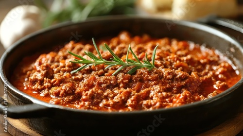 Delicious and hearty Italian ragu bolognese served in a skillet pan