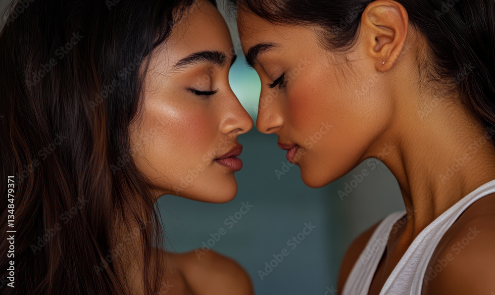 Close encounter of two individuals sharing a moment in a serene indoor setting Close encounter of two individuals sharing a moment in a serene indoor setting