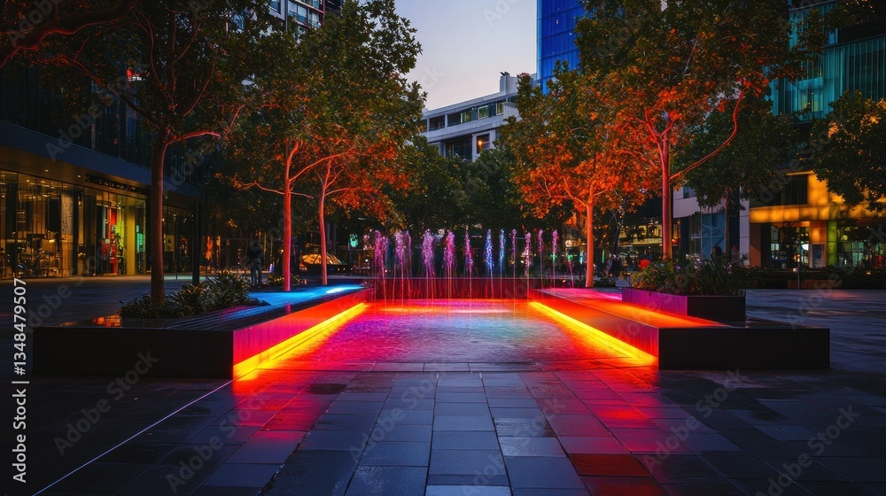 Fototapeta premium A modern urban fountain lit with colorful and vibrant lights