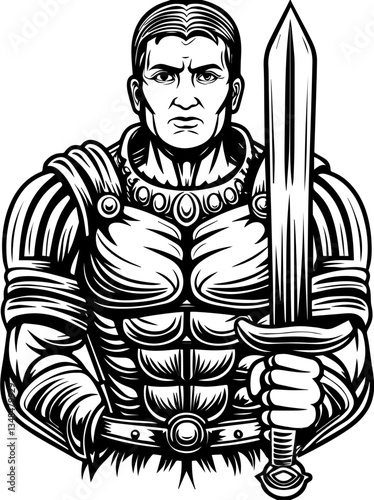 Ancient gods confronting demons, illustrated in SVG and vector format.Strong Warrior with Sword in Detailed Armor Graphic Design