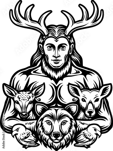 Ancient gods confronting demons, illustrated in SVG and vector format.Strong Man Surrounded by Wildlife Illustrating Nature Connection