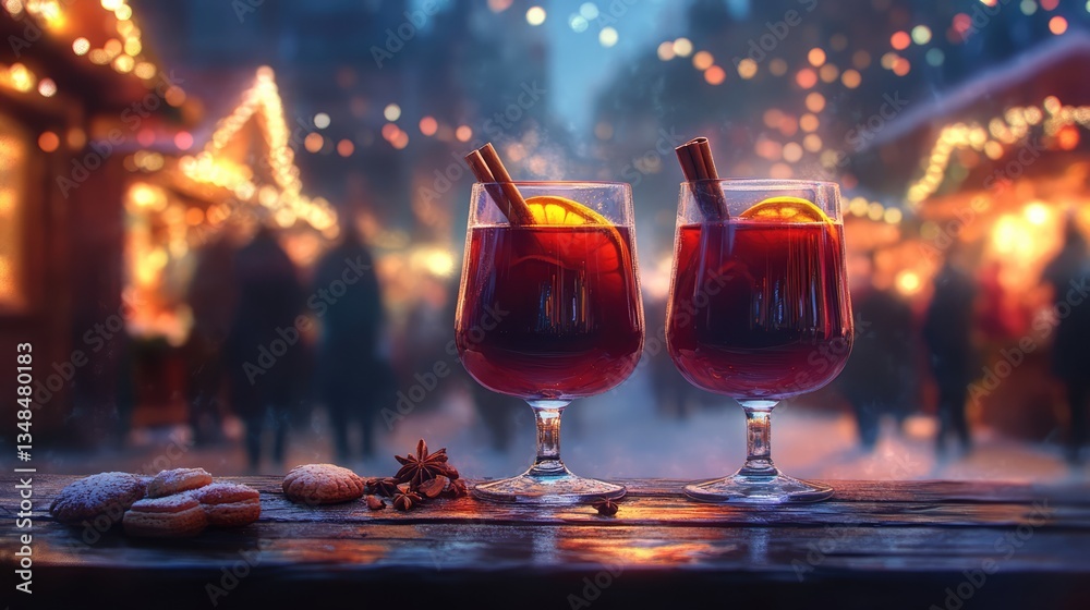 Αυτοκόλλητο "At a Christmas market illuminated at night in December, two glasses of hot mulled spicy wine with cookies