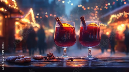 Canvas Print "At a Christmas market illuminated at night in December, two glasses of hot mulled spicy wine with cookies