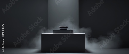 Podium Black Dark Smoke Background Product Platform Abstract Stage Texture Fog Spotlight.