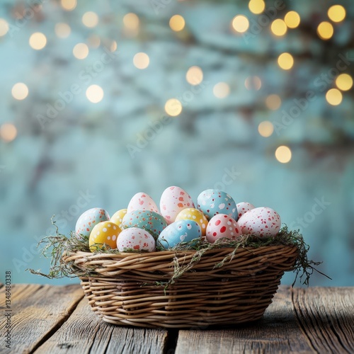 Easter Eggs Basket on Wooden Table with Twinkling Lights.
