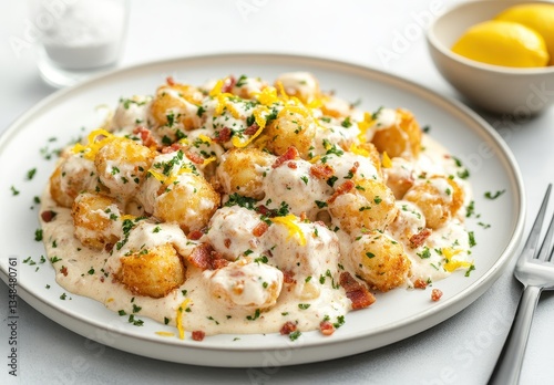Delicious plated dish of tater tots topped with rich creamy sauce, crispy bacon, fresh herbs, and citrus zest on a sleek white surface with vibrant colors