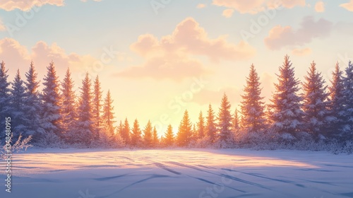 фотографія Winter Sunset Over Snowy Landscape with Frozen Trees in Saariselka