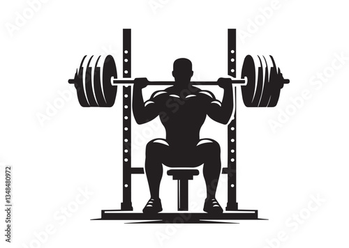 A black-and-white silhouette of a person performing a seated barbell shoulder press using a squat rack. It appears to be a stylized fitness or gym-related graphic isolated  Vector