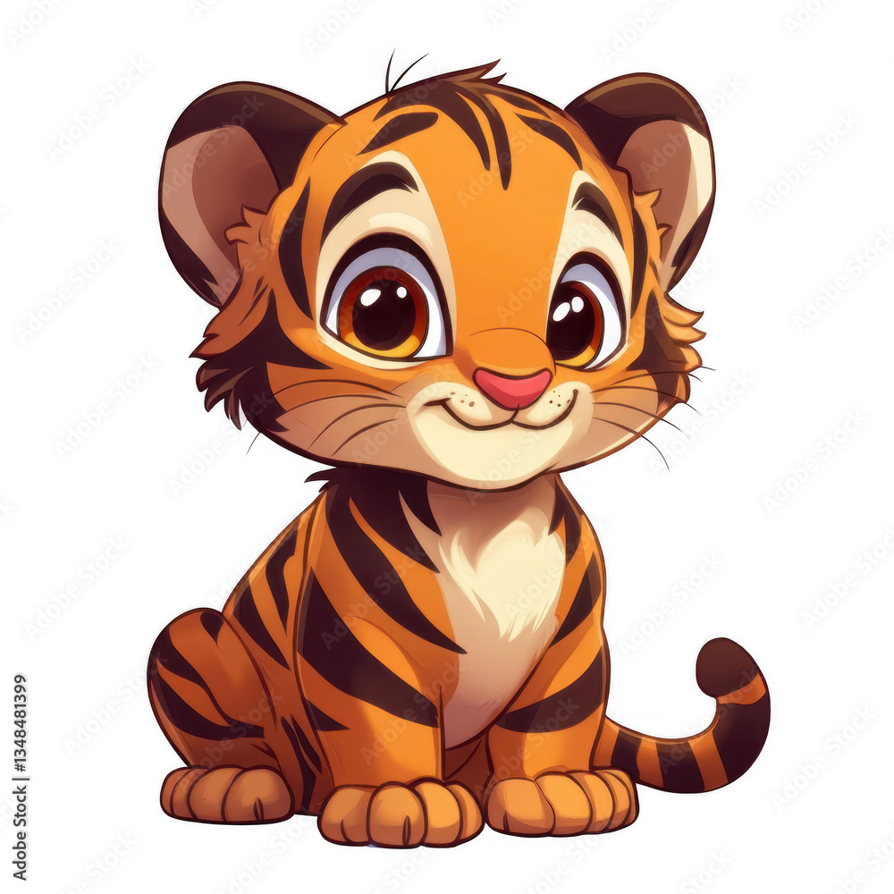 Obraz premium Cartoon tiger sitting down with eyes closed in a playful and relaxed pose on a plain background